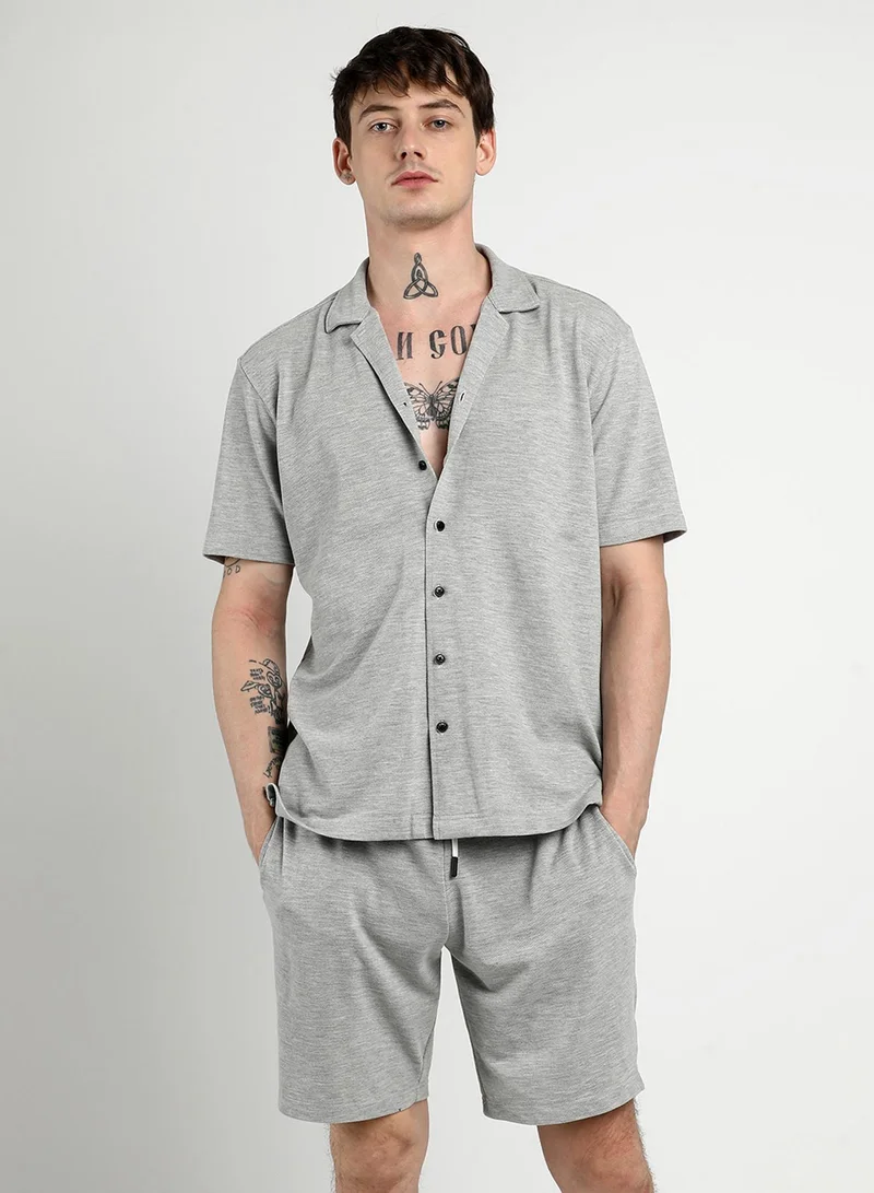 كامبوس سوترا Men's Light Grey Heathered Knitted Co-Ord Set For Casual Wear | Cuban Collar | Short Sleeve | Button Closure | Co-Ords Crafted With Comfort Fit For Everyday Wear